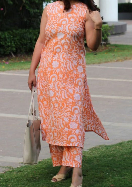 Orange Elegance Cotton Kurti Set