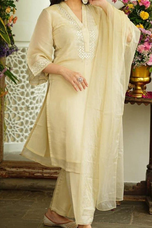 Stunning In White Chanderi Kurti Set