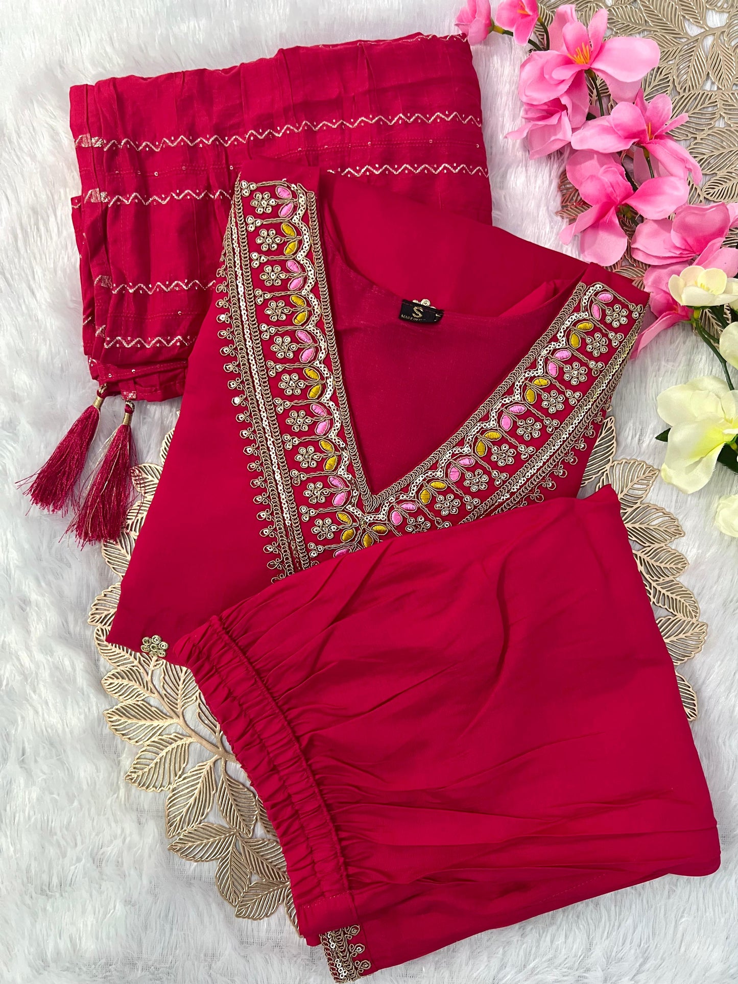 Red Coral Silk Kurti Set