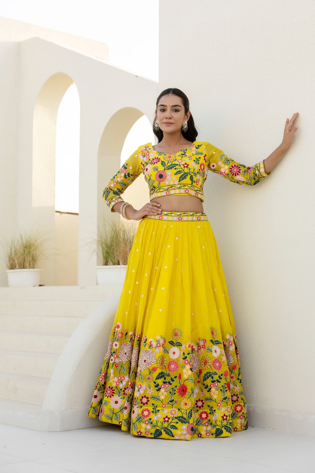 Haldi Bride Yellow Organza Lehenga