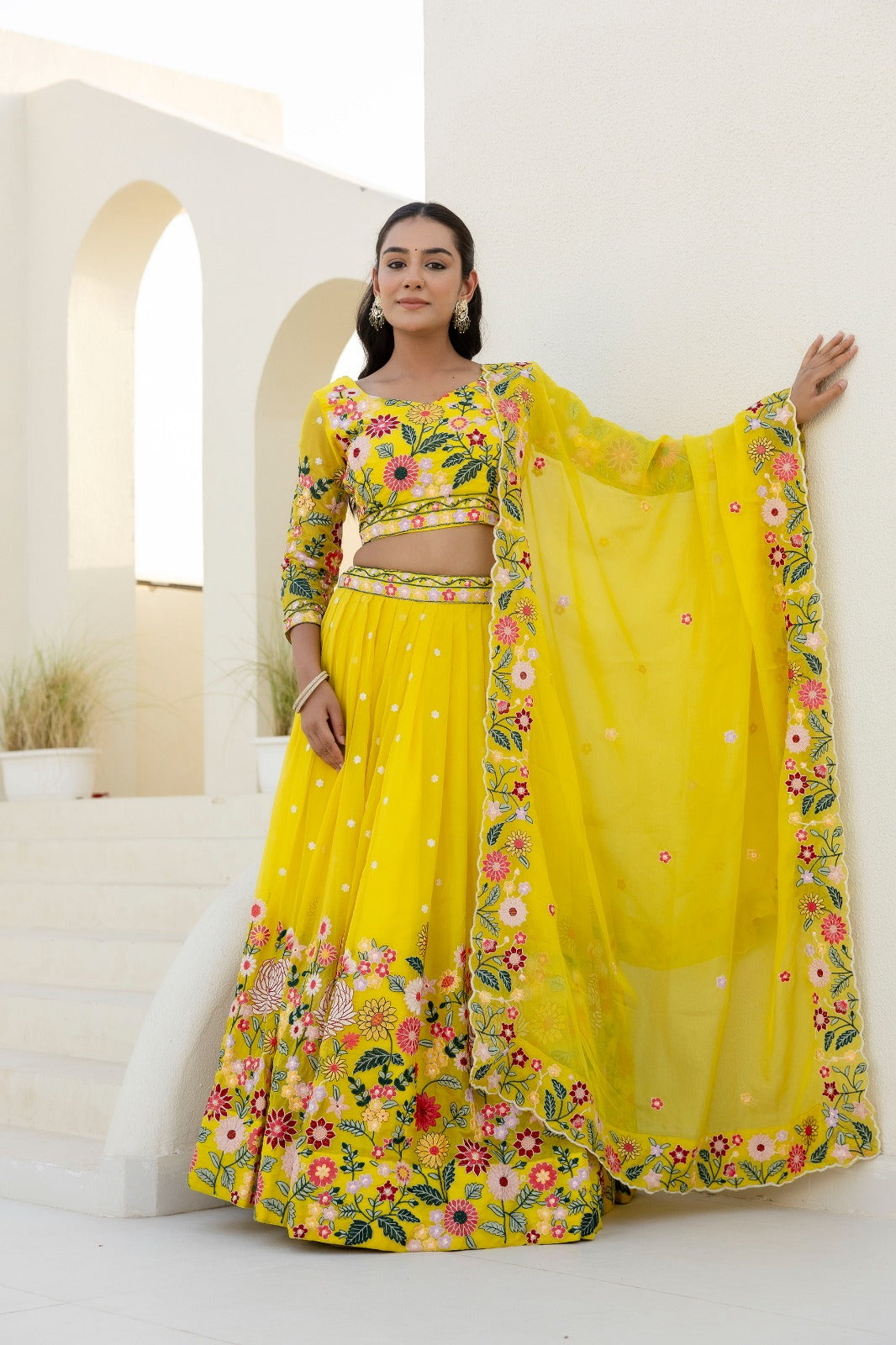 Haldi Bride Yellow Organza Lehenga