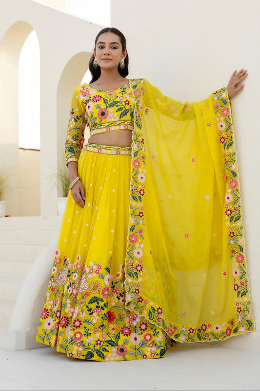 Haldi Bride Yellow Organza Lehenga