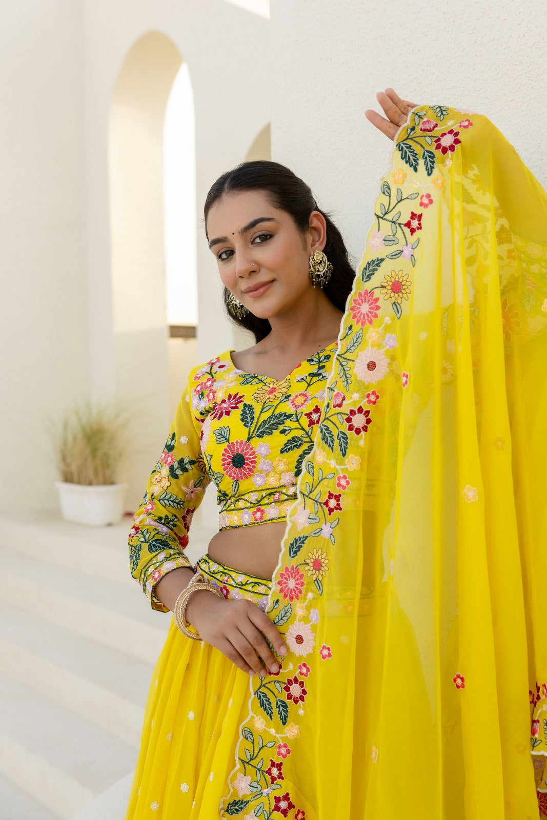 Haldi Bride Yellow Organza Lehenga