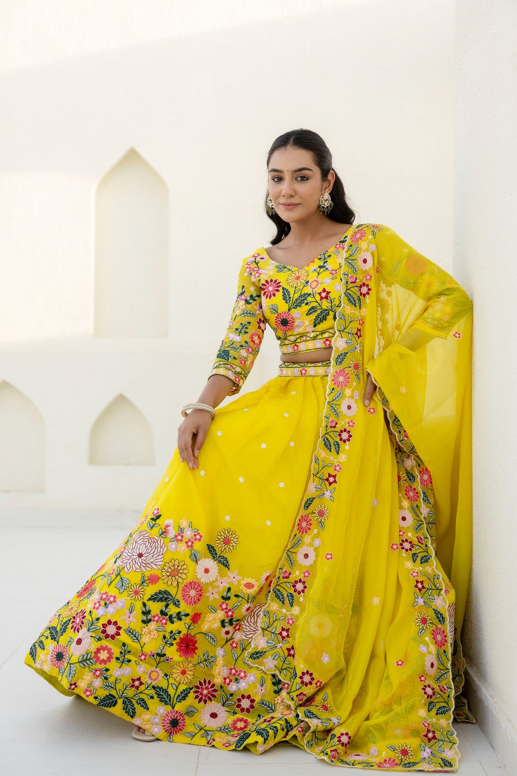 Haldi Bride Yellow Organza Lehenga