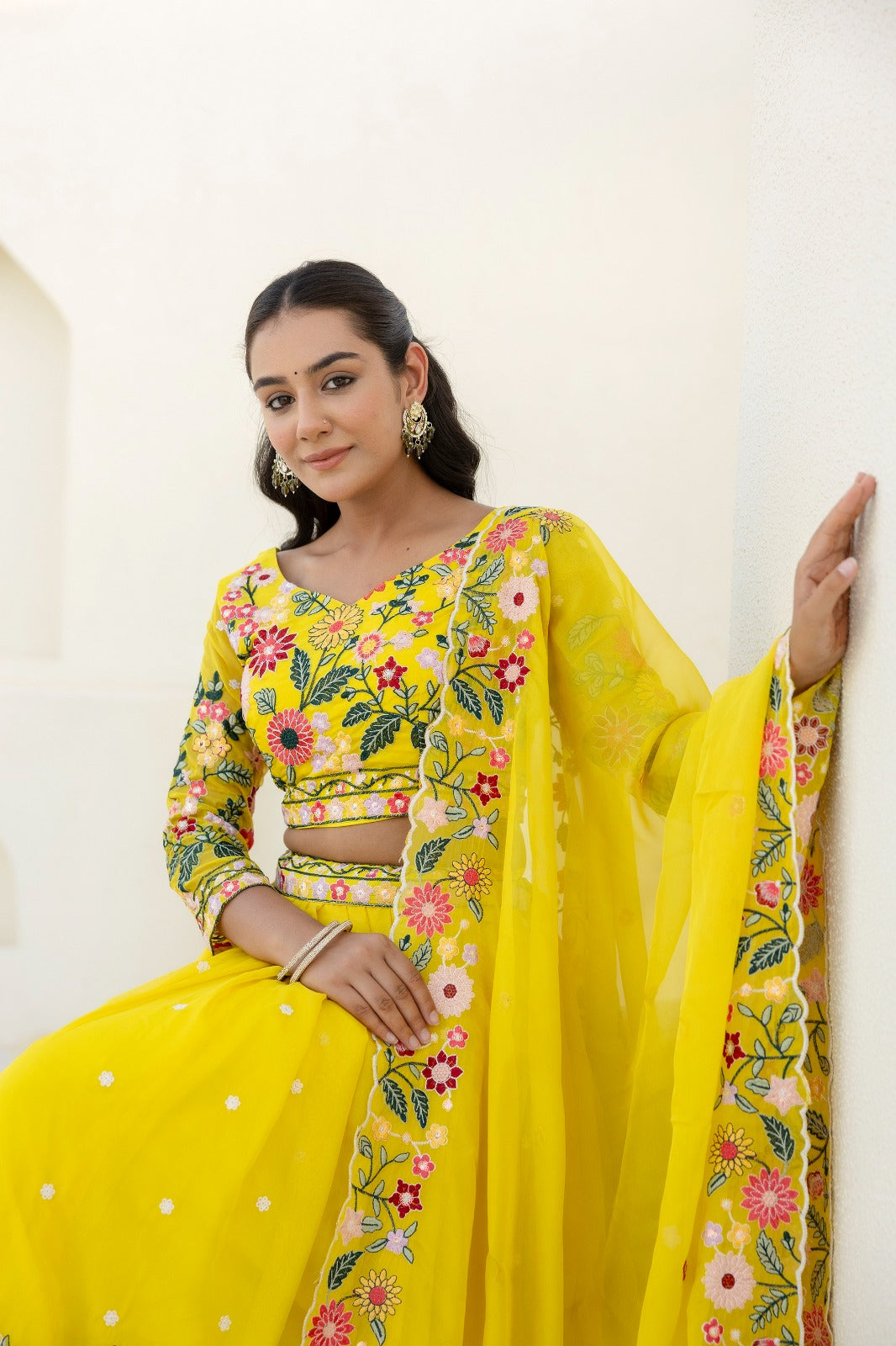 Haldi Bride Yellow Organza Lehenga