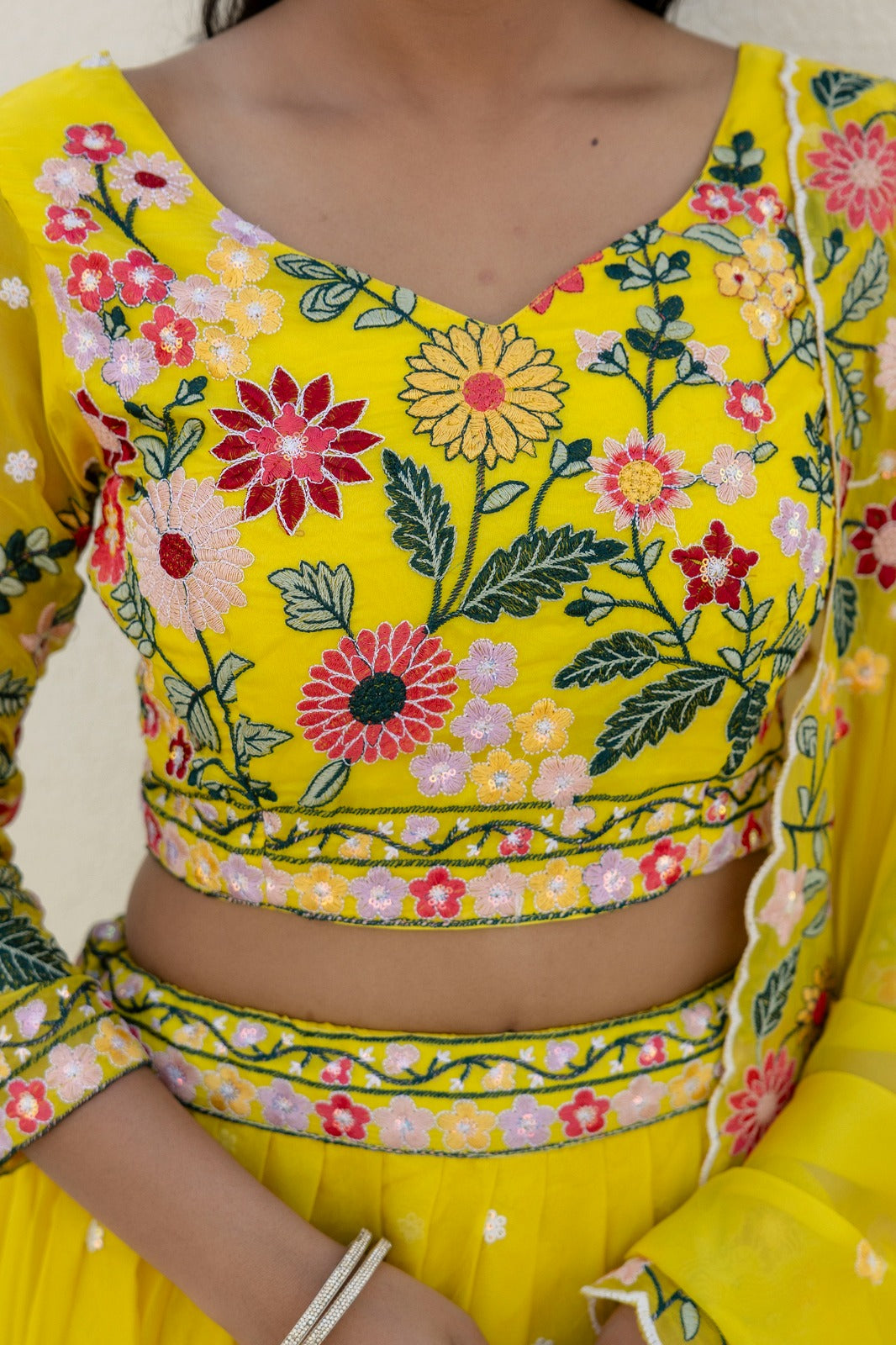 Haldi Bride Yellow Organza Lehenga