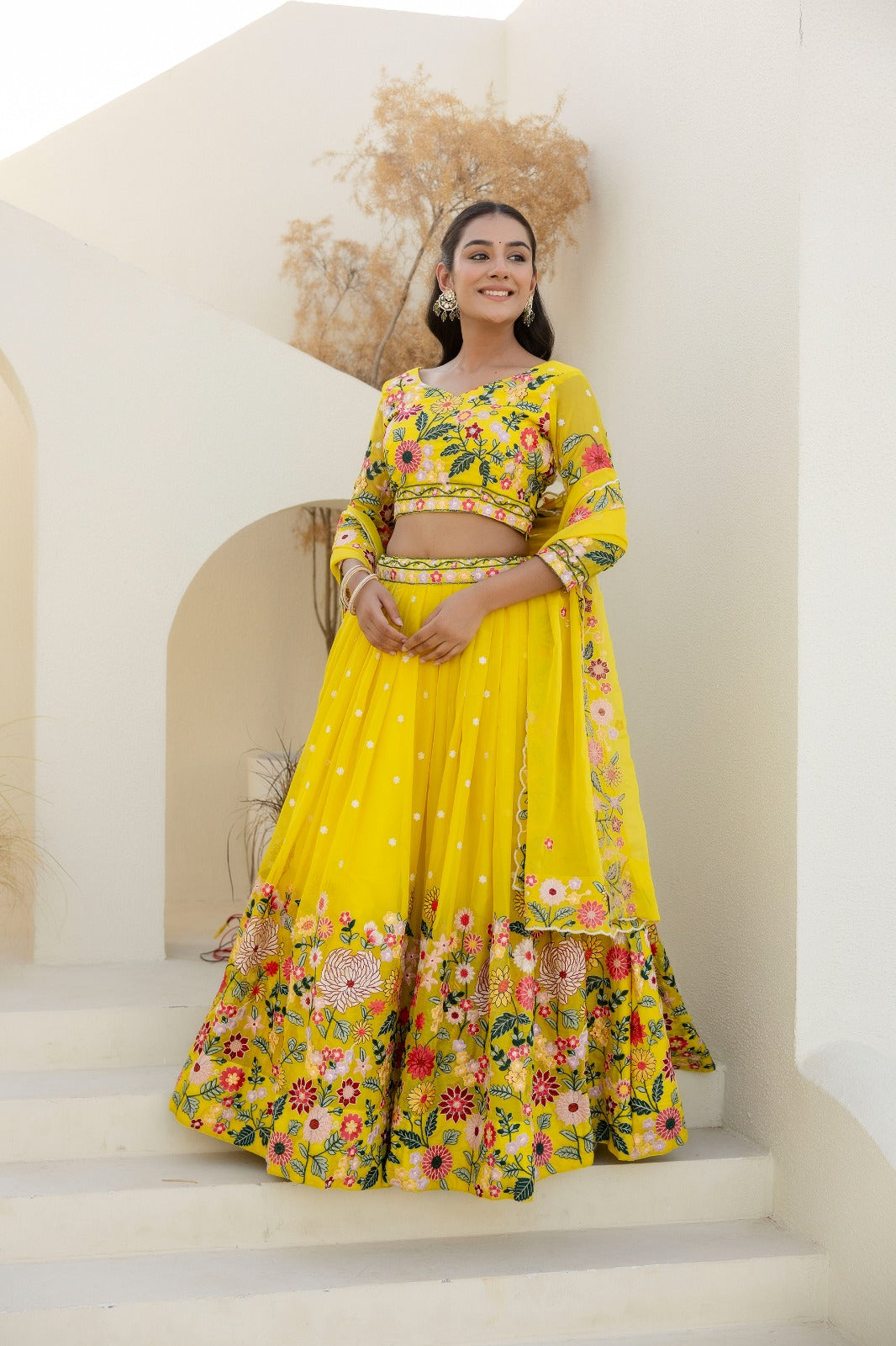 Haldi Bride Yellow Organza Lehenga