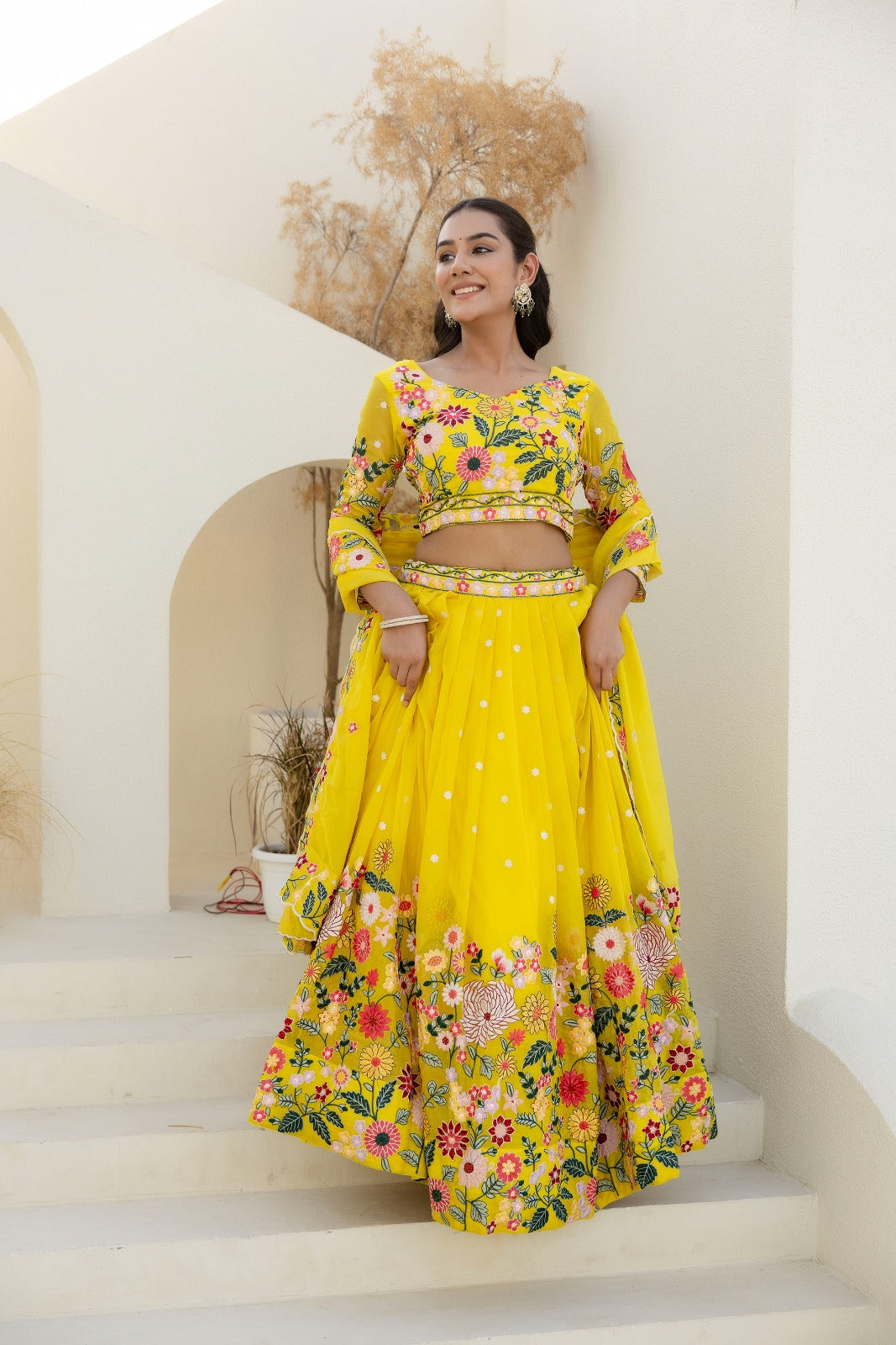 Haldi Bride Yellow Organza Lehenga