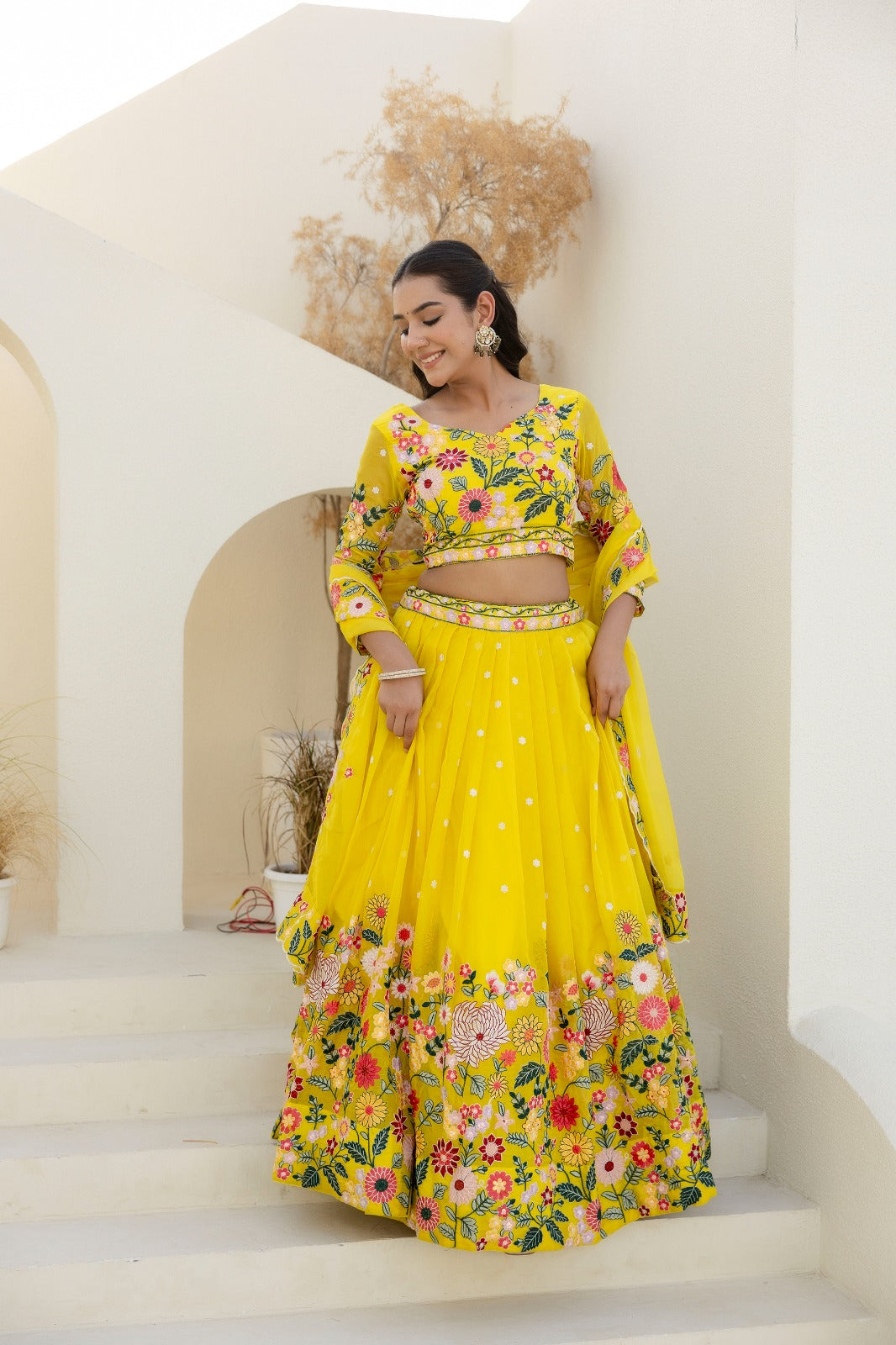 Haldi Bride Yellow Organza Lehenga