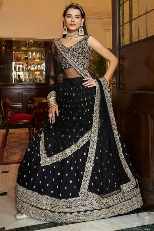 Sufi Saaz Designer Black Net Lehenga
