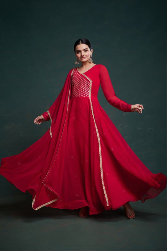 Taranjali Red Georgette Gown