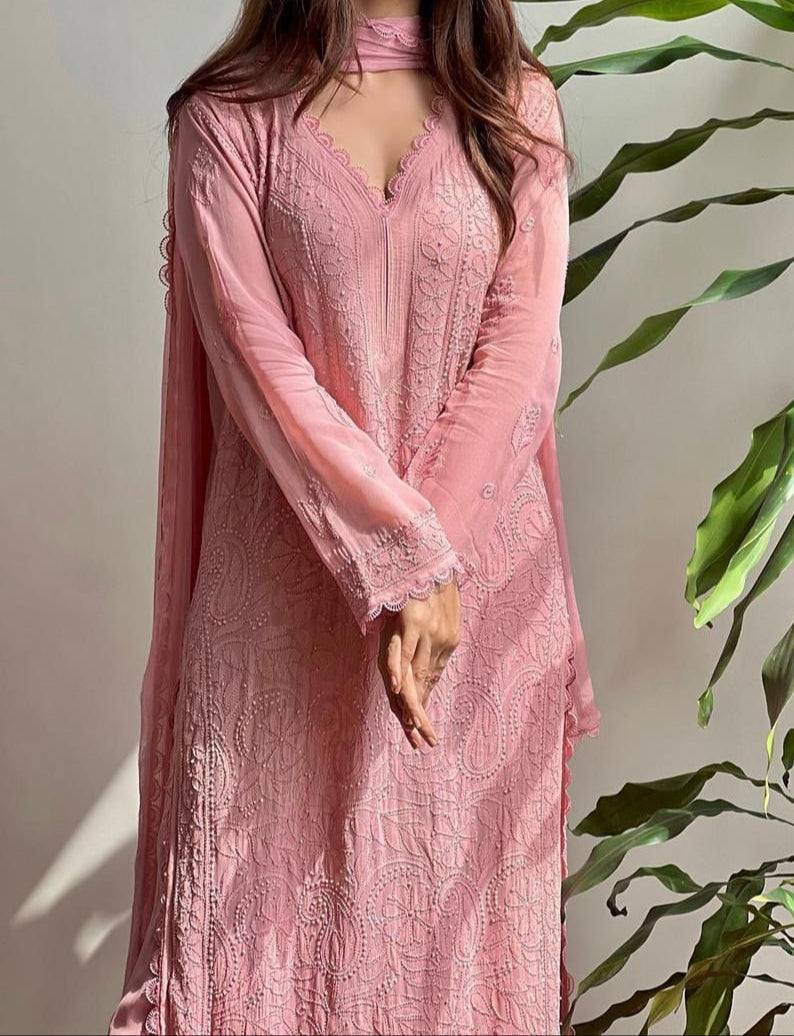 Breeze Bloom Georgette Pink Kurti Set