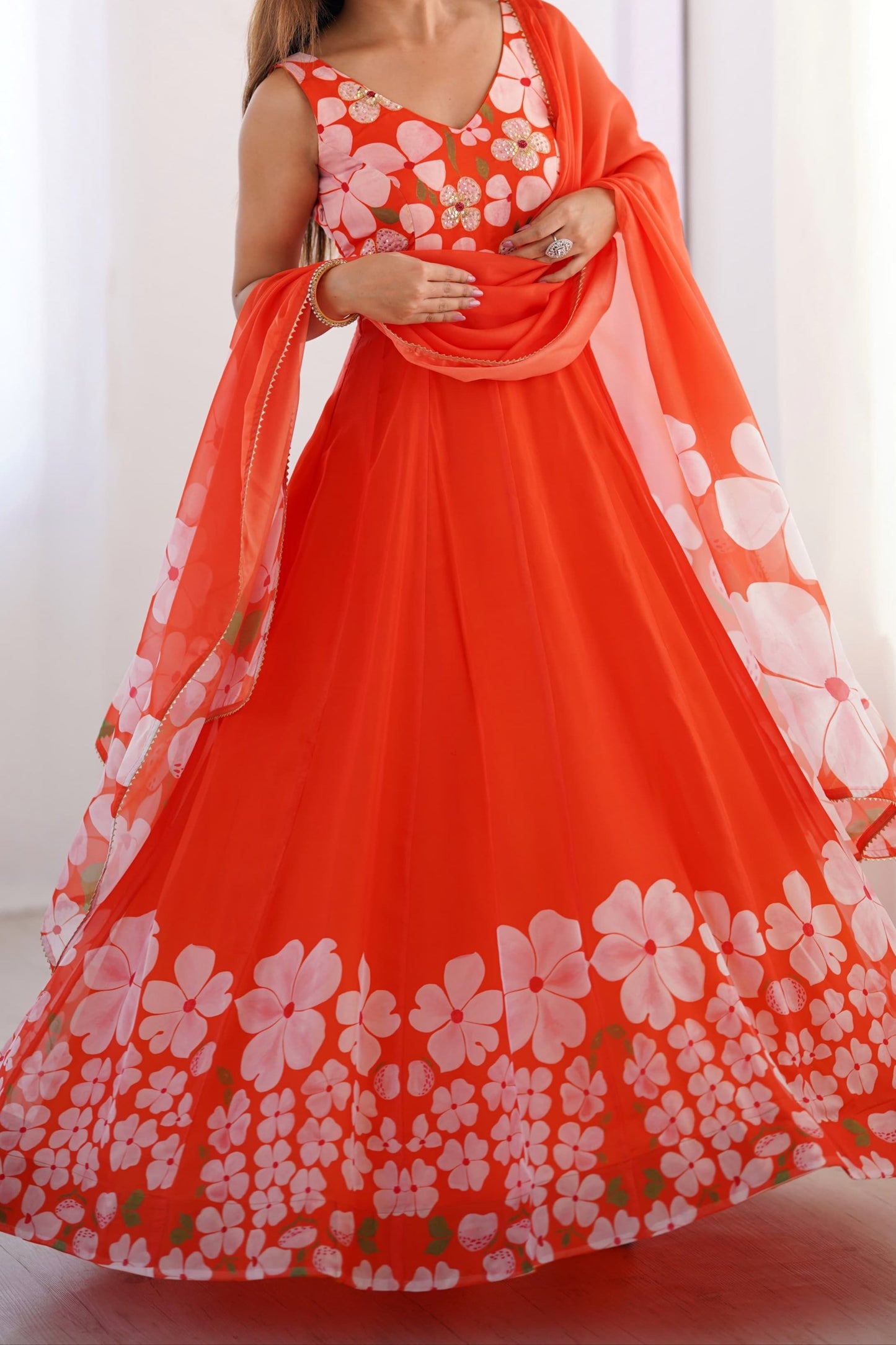 Orange Organza Gown Set