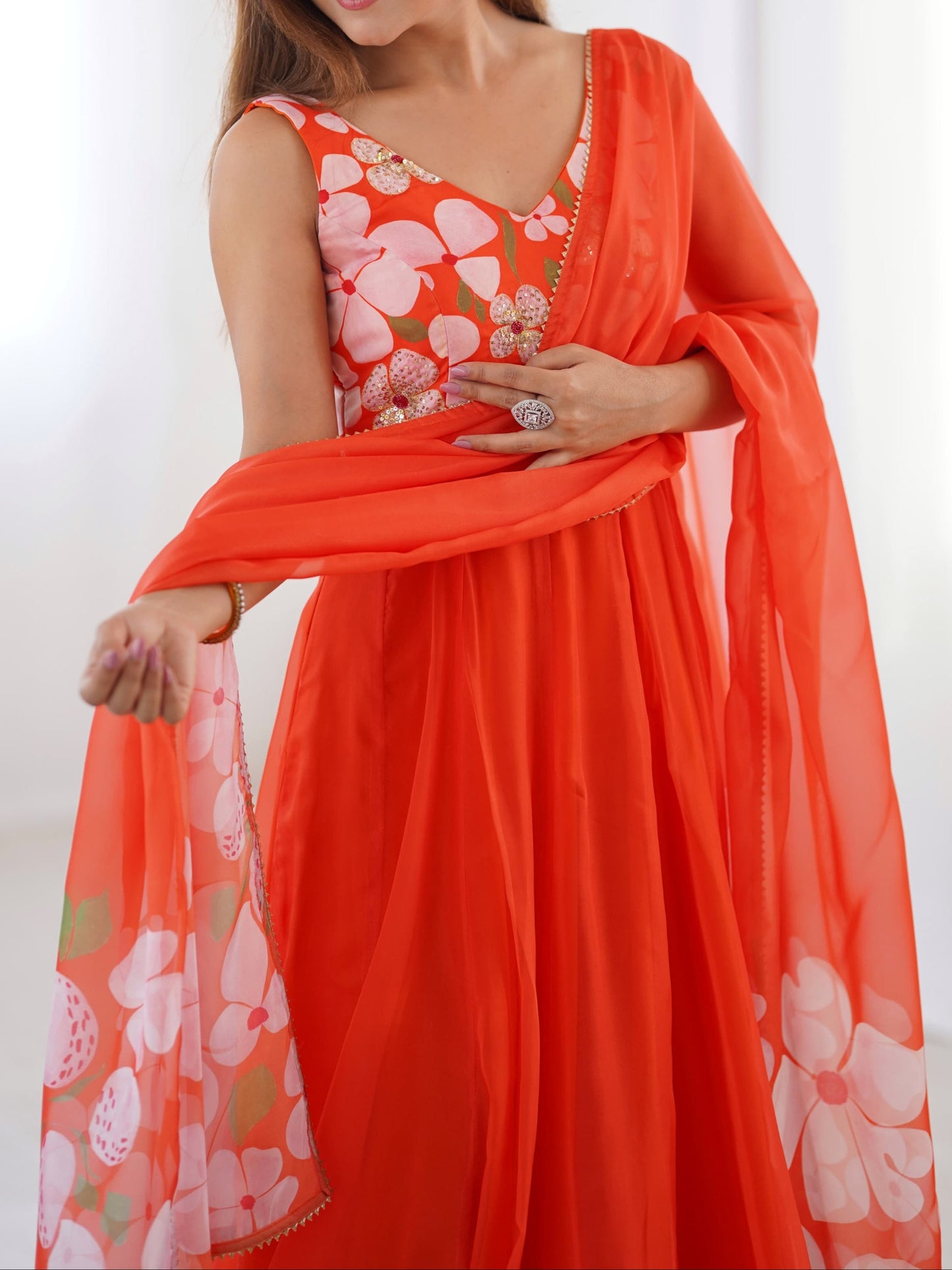 Orange Organza Gown Set