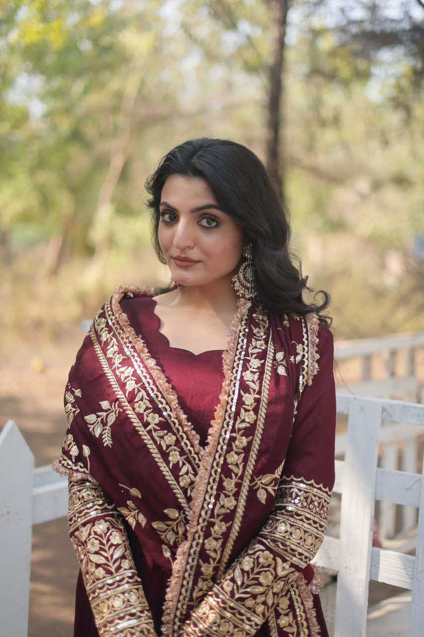 Maroon Mehfil Georgette Gown Set