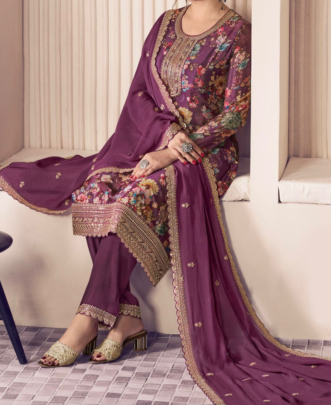 Retro Vibe Chinnon Silk Kurti Set