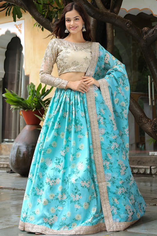 Neel Phool Organza Lehenga
