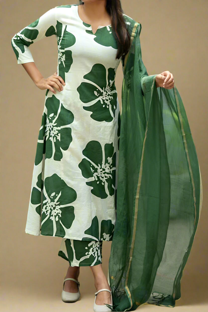Leaf Flower Cotton Kurti Set