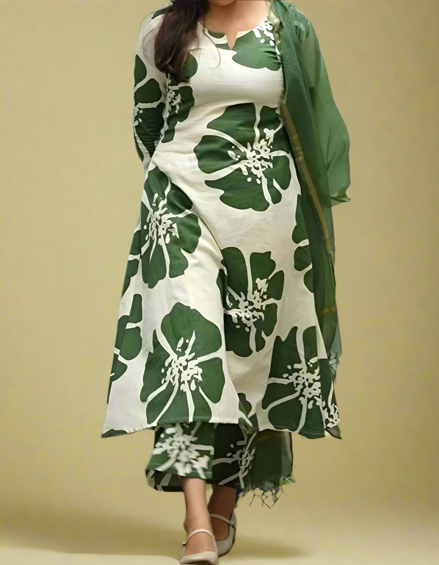Leaf Flower Cotton Kurti Set