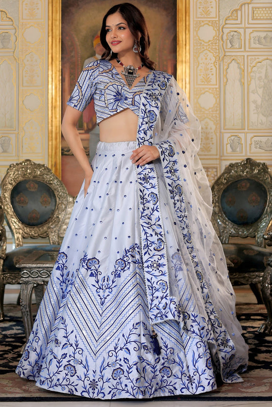 White and Blue Satin Silk Lehenga