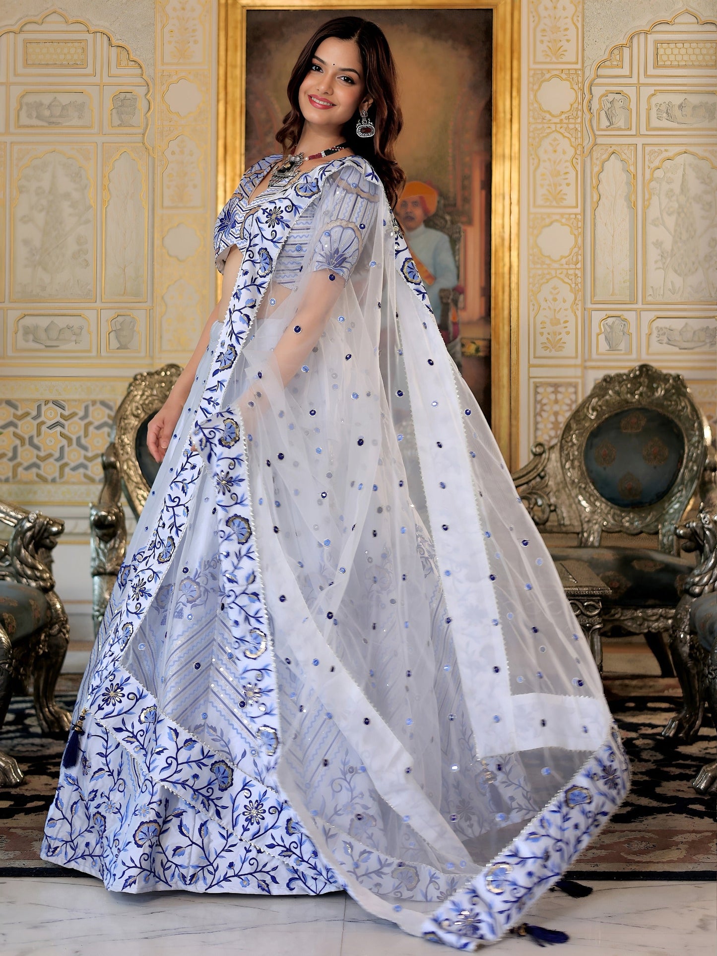 White and Blue Satin Silk Lehenga