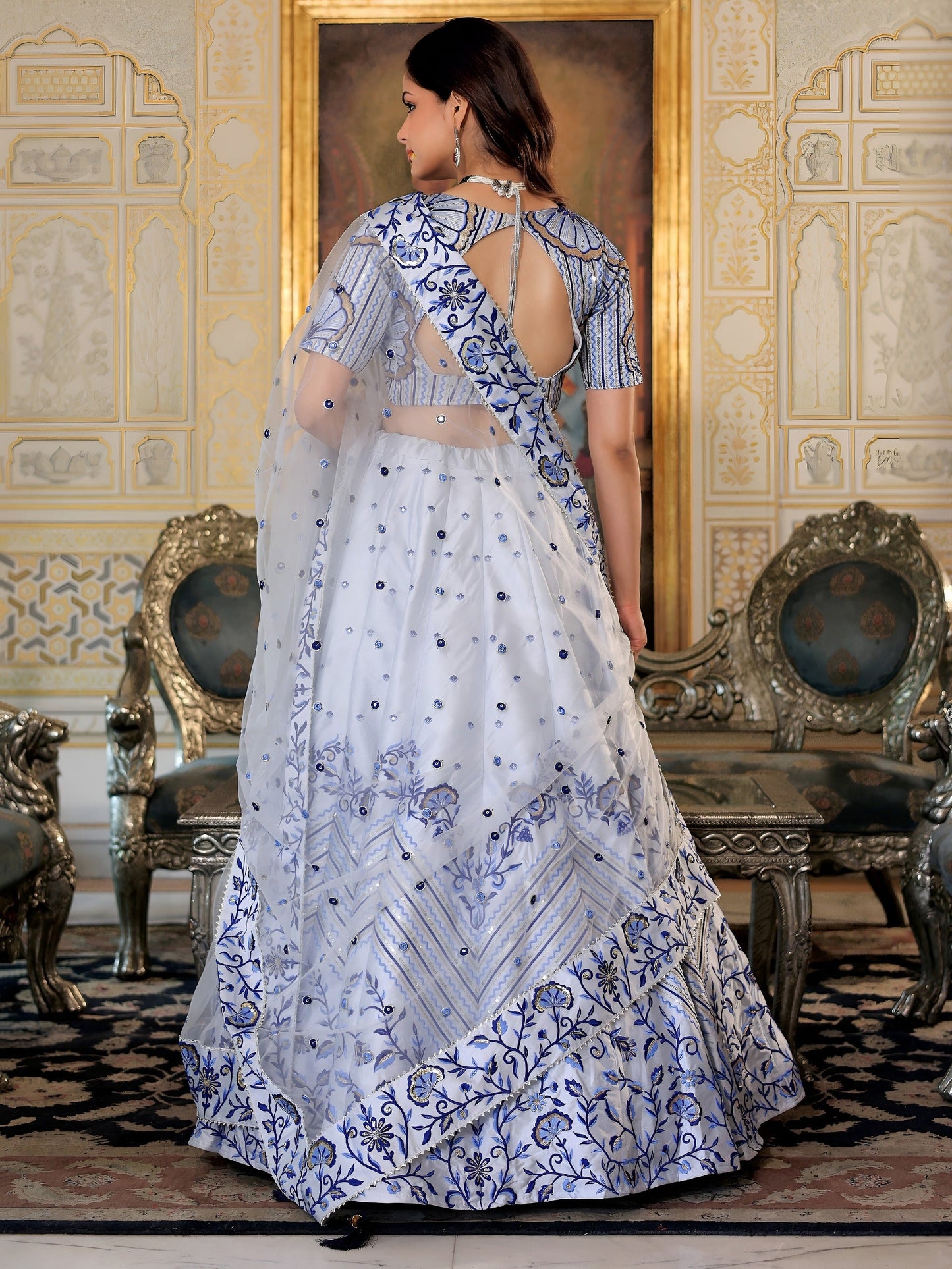 White and Blue Satin Silk Lehenga