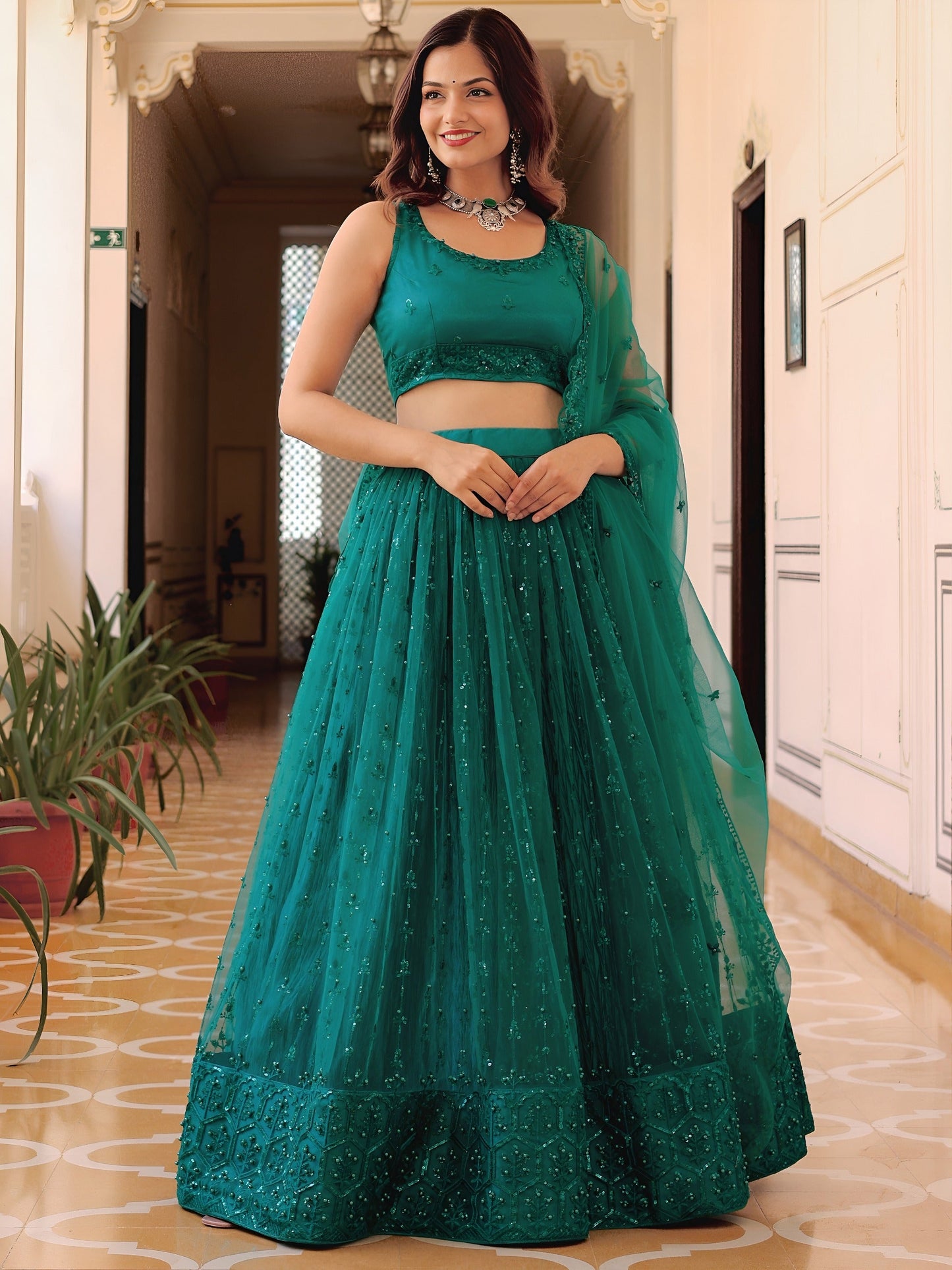 Teal Green Elegance Net Lehenga