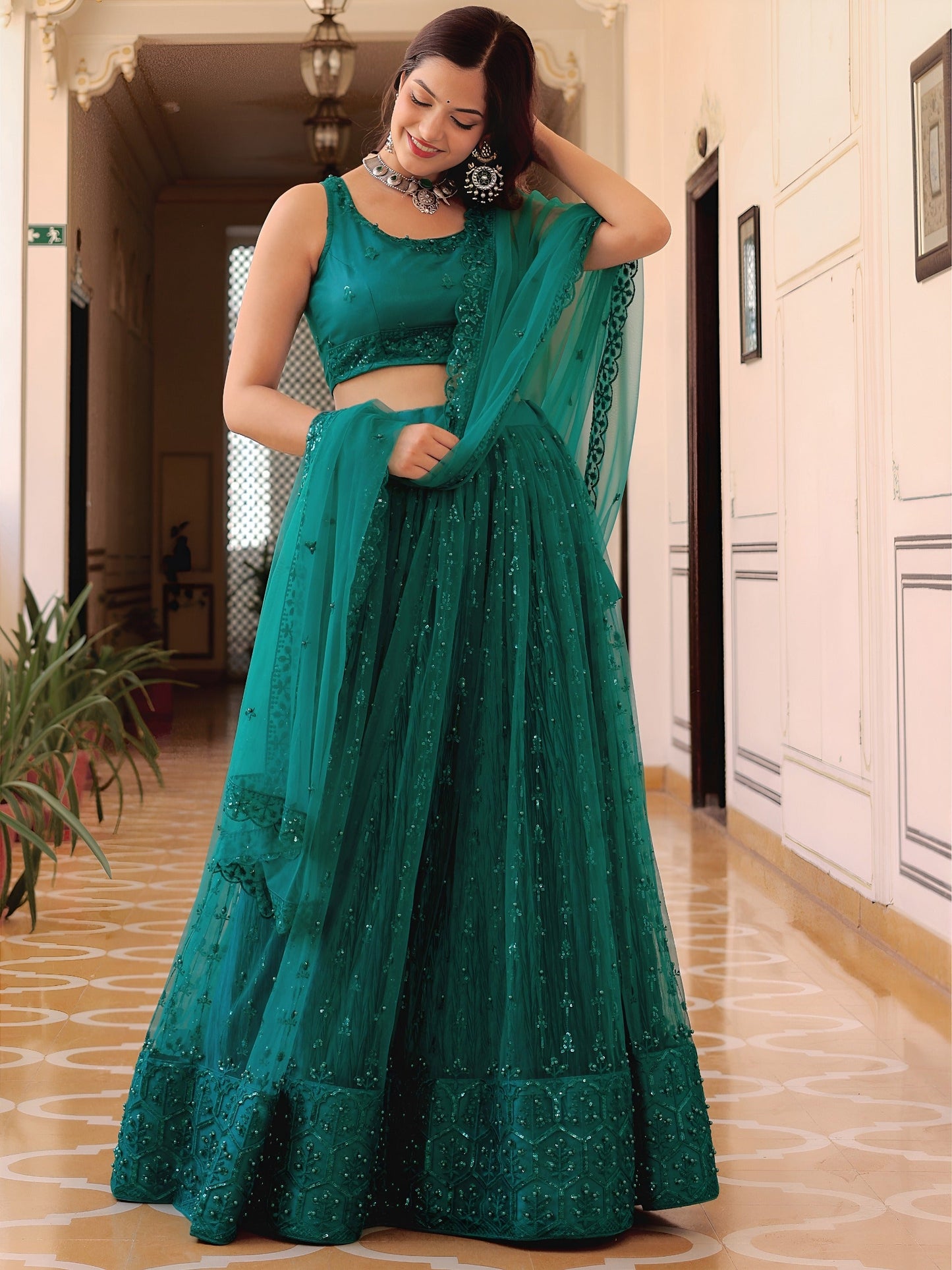 Teal Green Elegance Net Lehenga