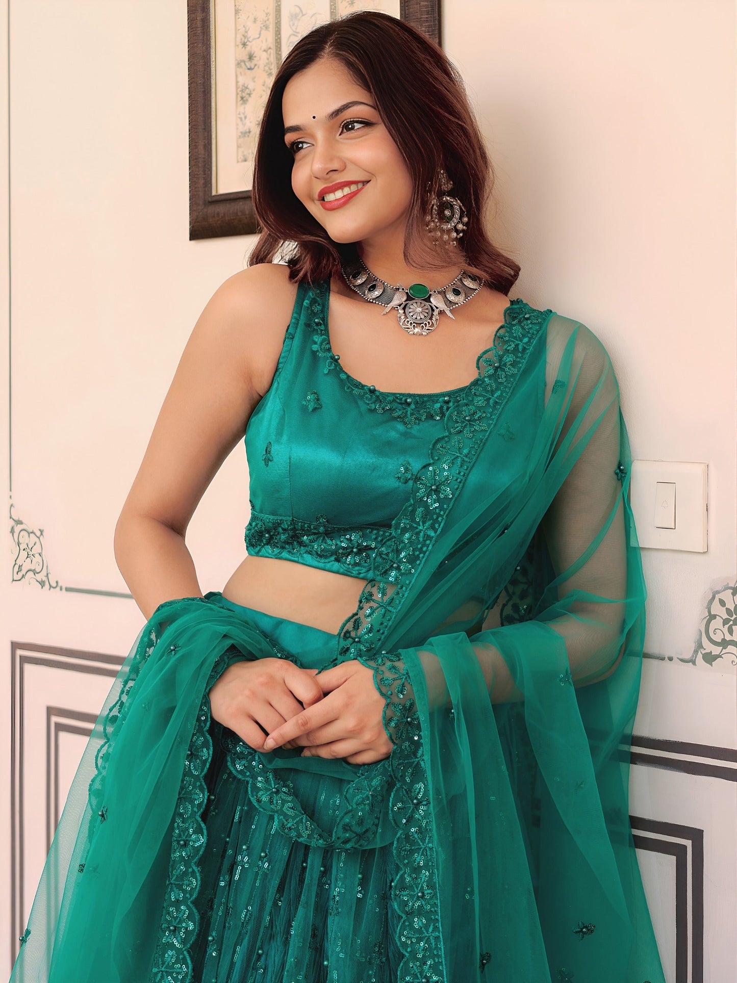 Teal Green Elegance Net Lehenga