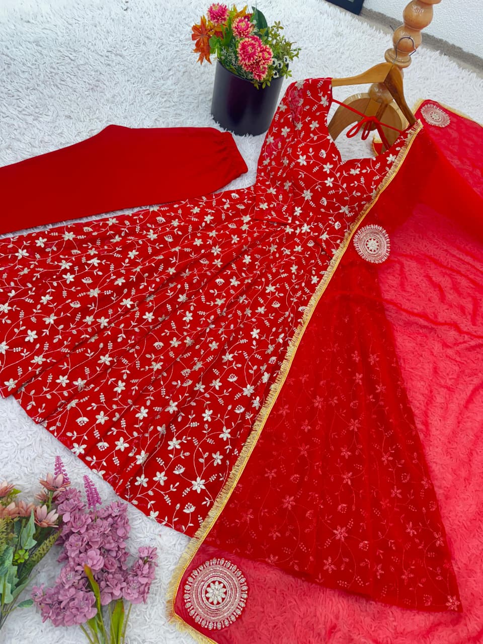 Red Sparkle Georgette Anarkali Gown Set