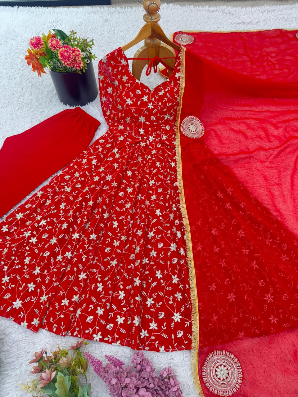 Red Sparkle Georgette Anarkali Gown Set