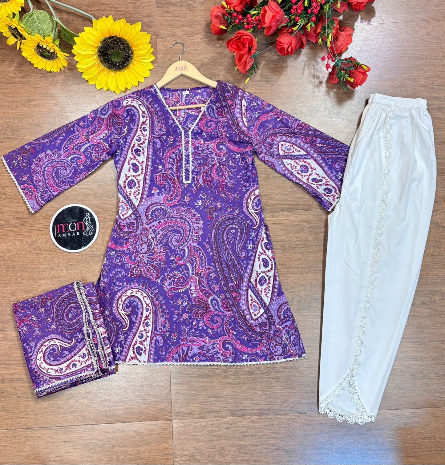 Purple Heart Cotton kurti Set - With Tulip Style Pant