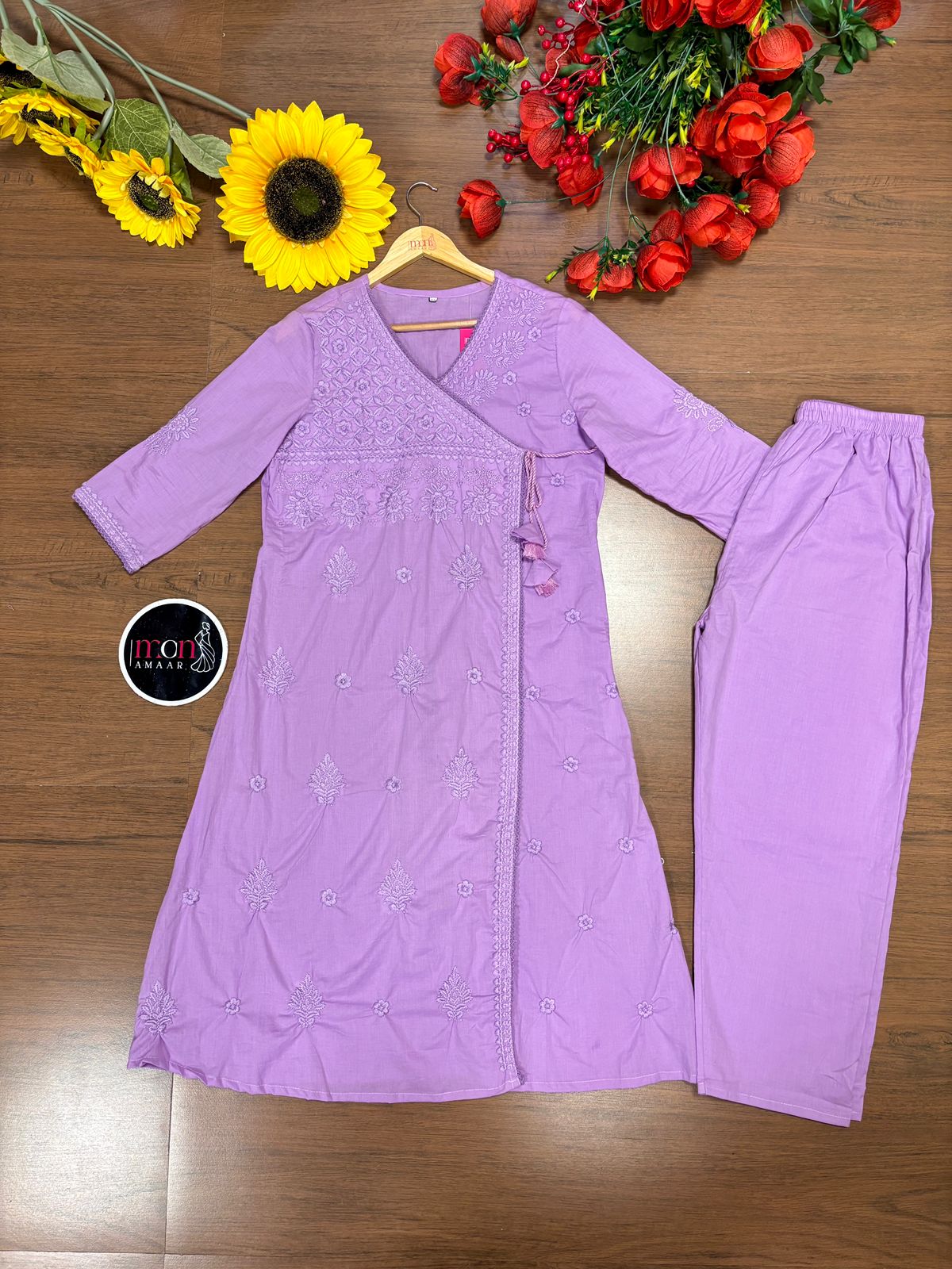 Chikankari Fun - Cotton Kurti Set(Lavender)