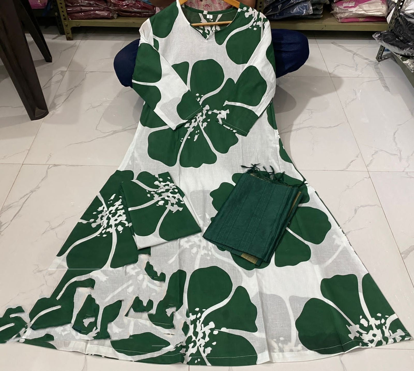 Leaf Flower Cotton Kurti Set