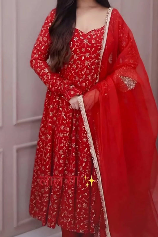Red Sparkle Georgette Anarkali Gown Set