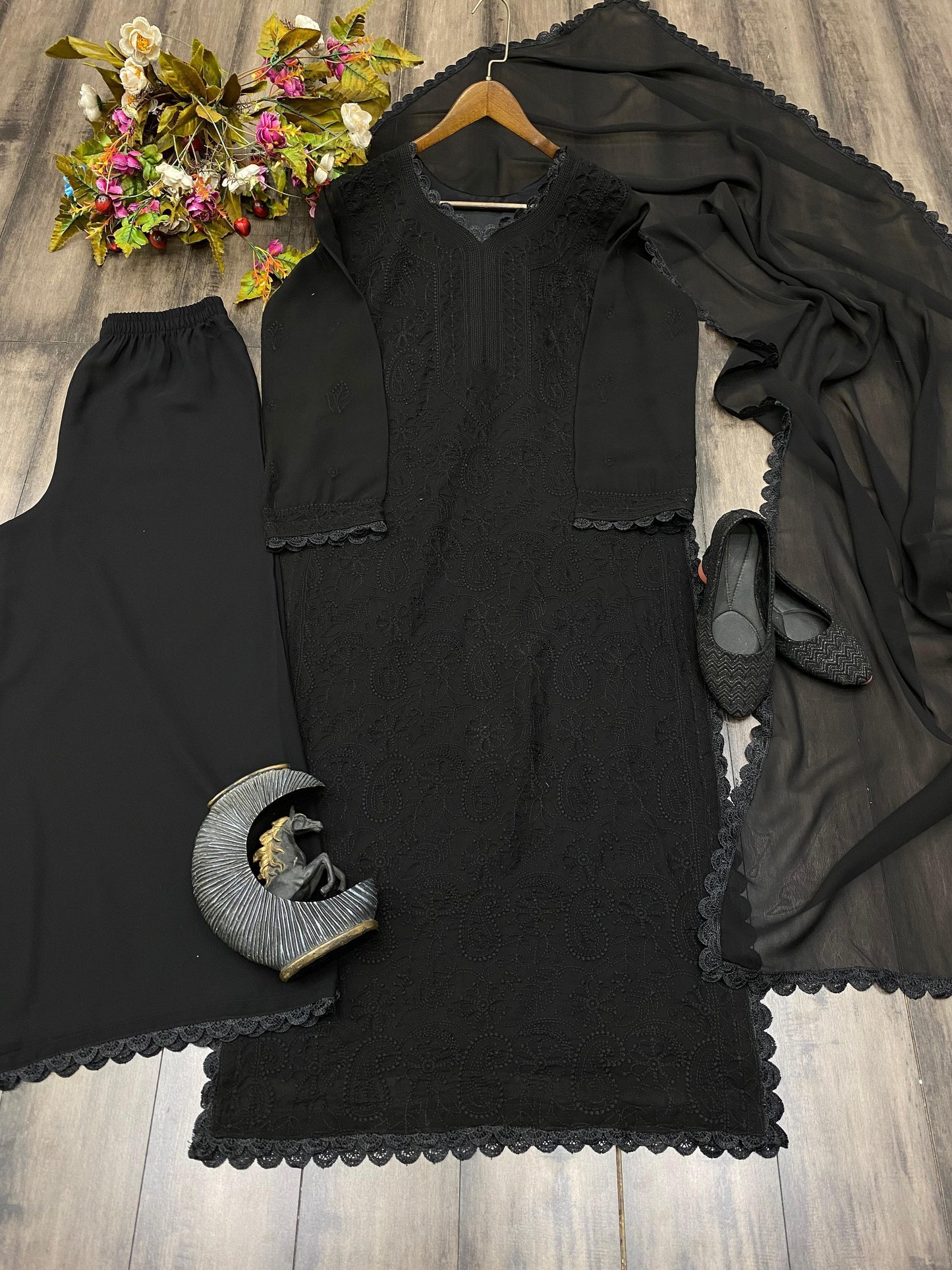 Breeze Bloom Georgette Black Kurti Set