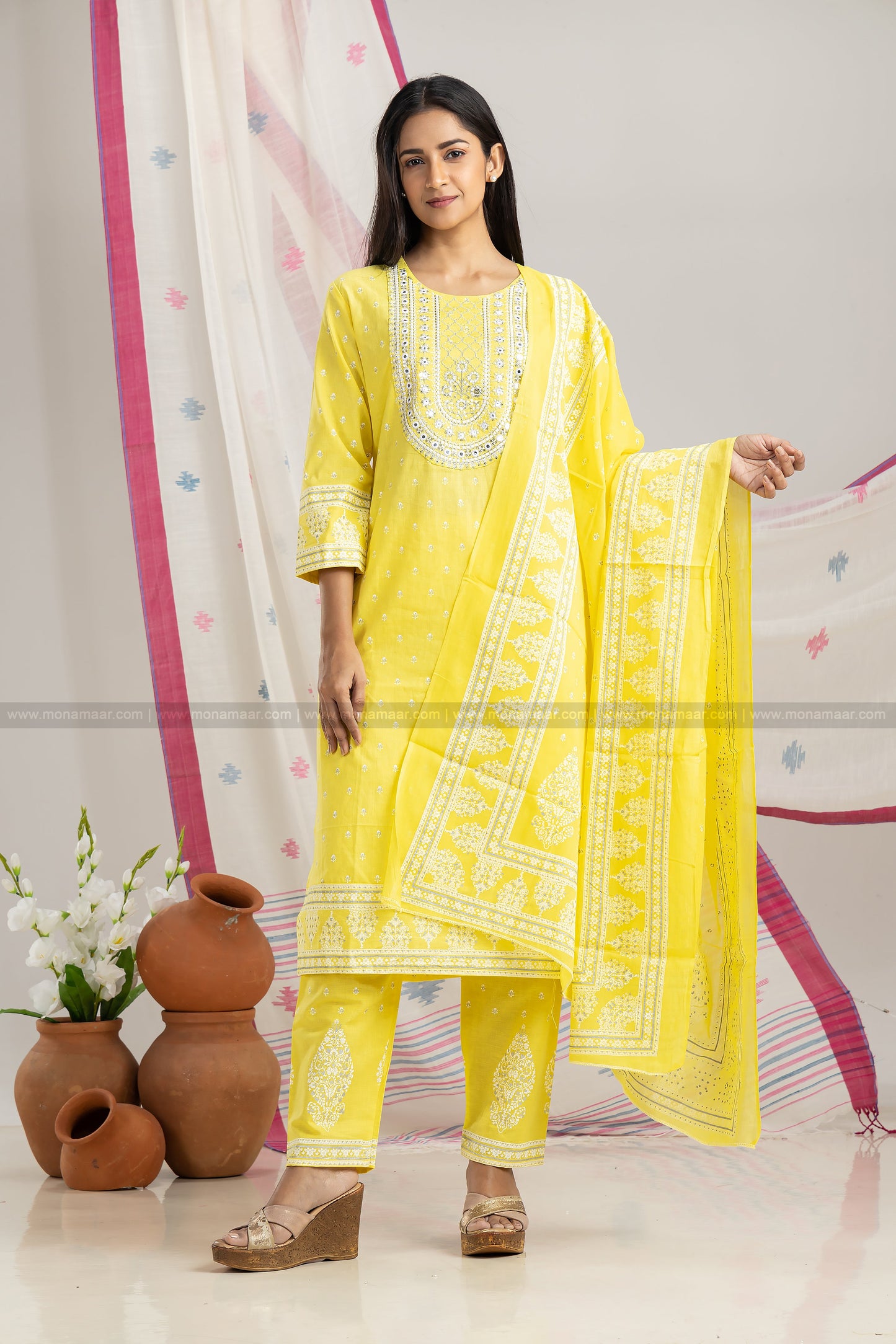 Yellow Embroidered Kurti Pant Dupatta Set