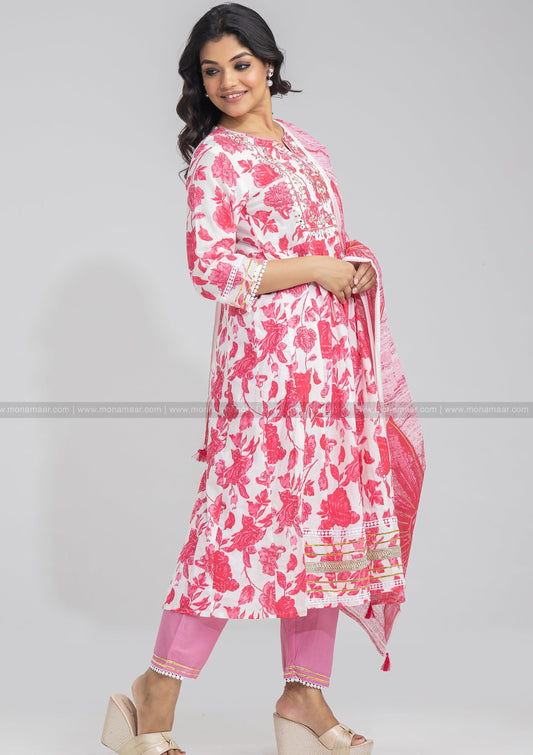 Rose Pink Floral Print Kurti Set