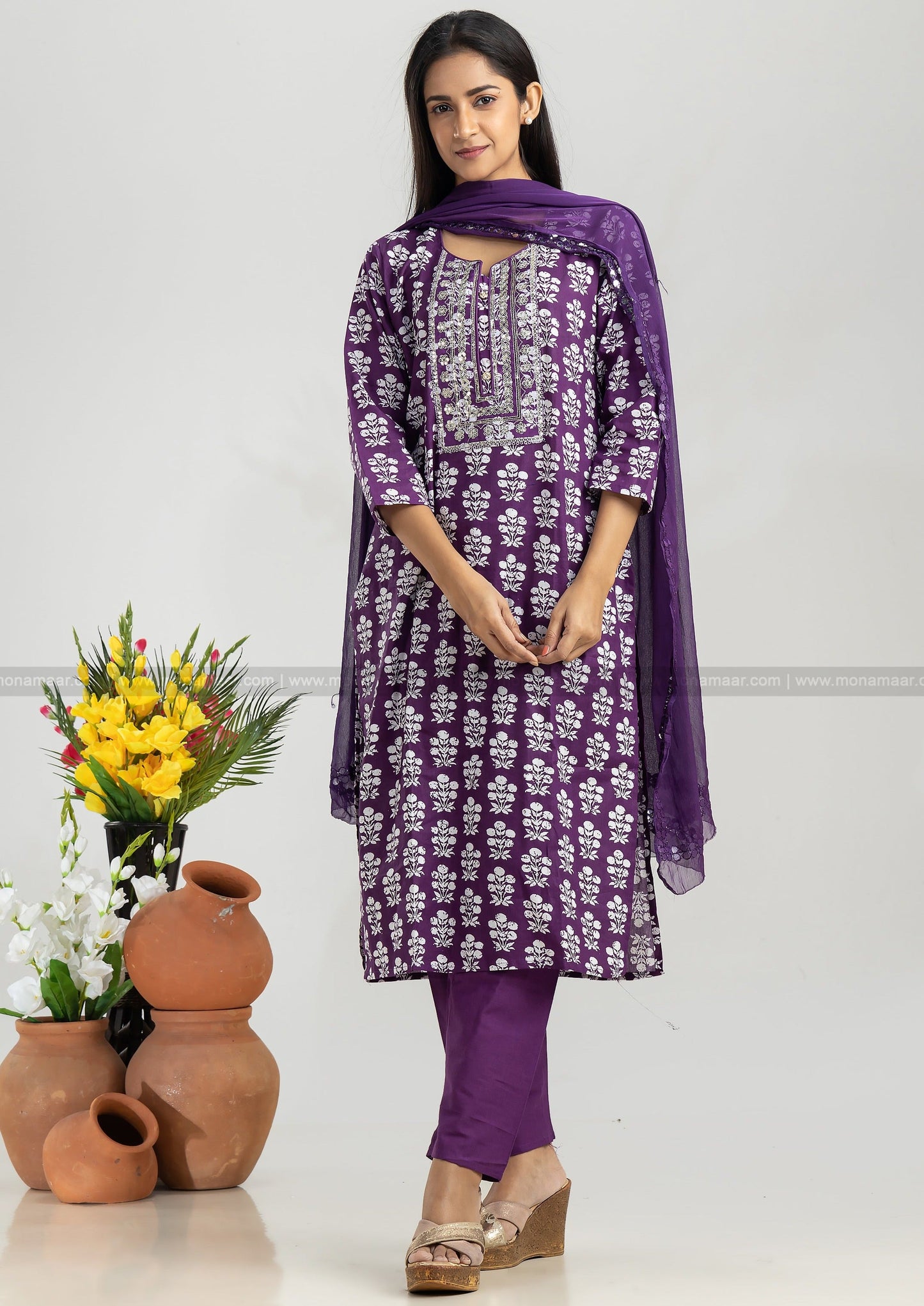 Dark Purple Kurti Pant Dupatta Set