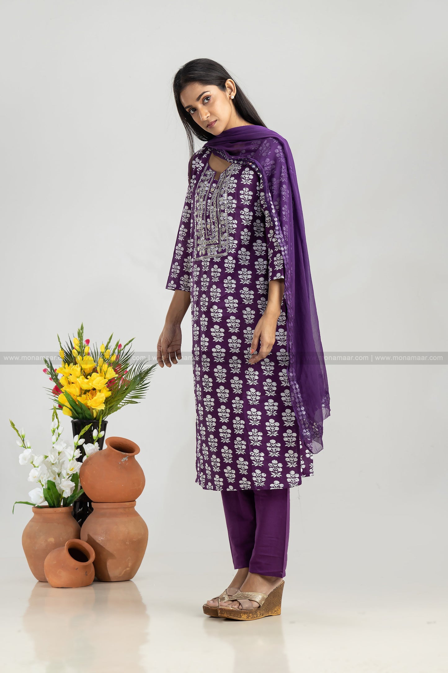 Dark Purple Kurti Pant Dupatta Set