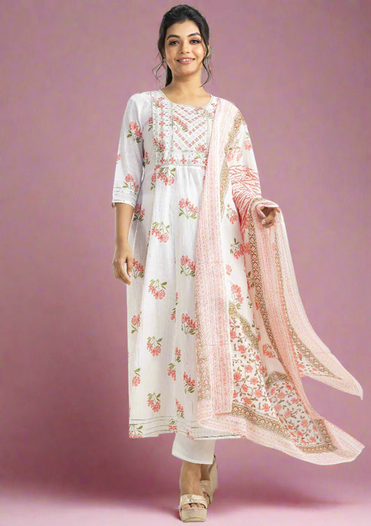 White FLoral Kurti Set