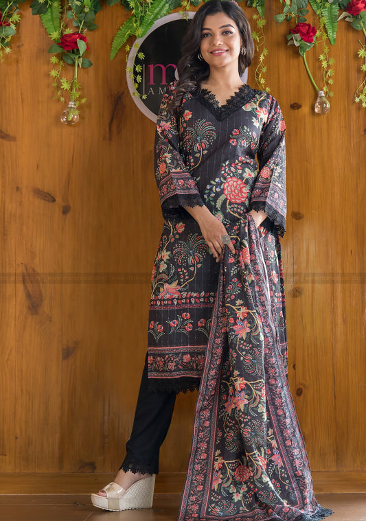 Black Floral Canvas Kurti Set