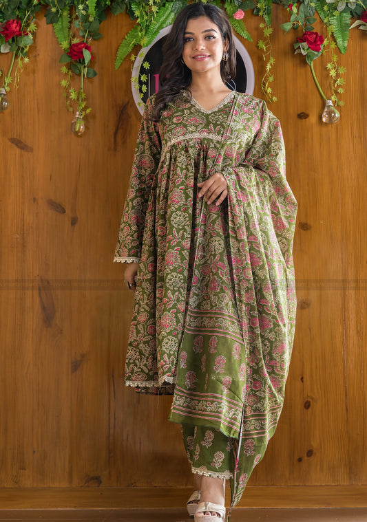 Olive Fresh Floral Kurti Set