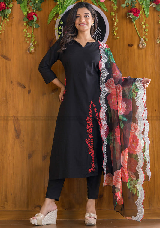 Back To Black Designer Kurti Set With Organza Dupatta