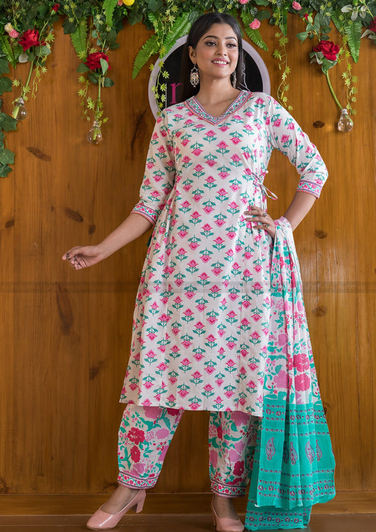 Immortal Floral Cotton Suit Set(Steady Pink And White Combo)