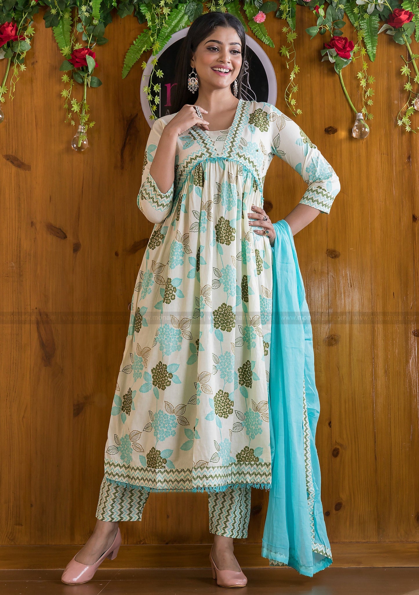 Floral Fantacy White Blue Anarkali Kurti Set