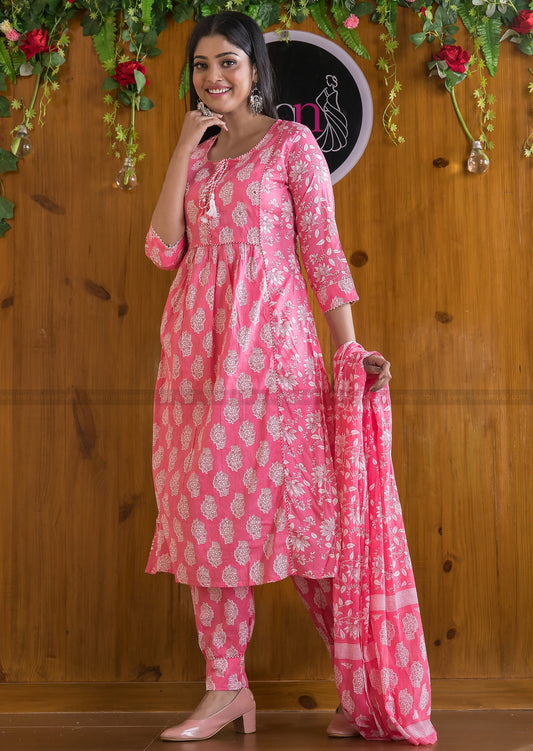 Blushing Pink  Cotton Afghani Kurti Set