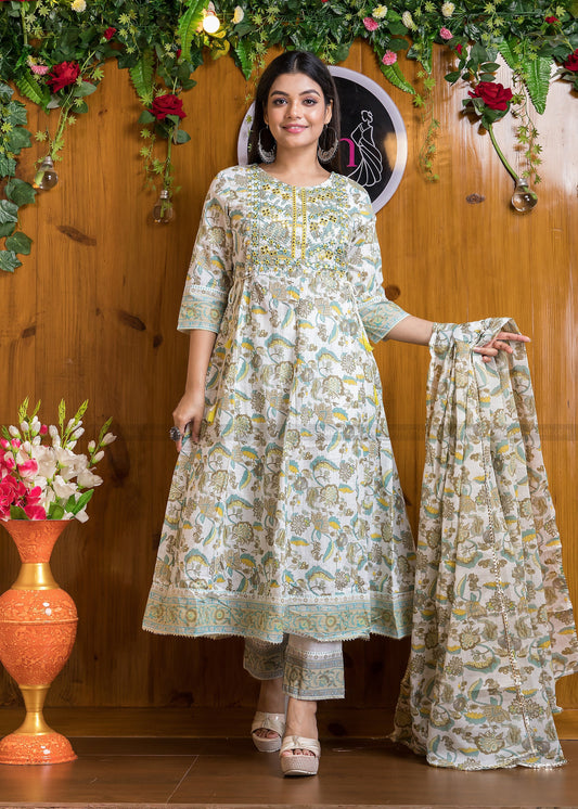 Occasional Bliss Jaipuri Kurti Set(Yellow Tone)