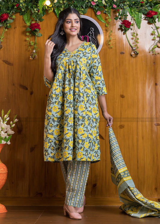 Ethnic Crush - The Jaipuri Kurti Set (Emerging Green And Yellow )