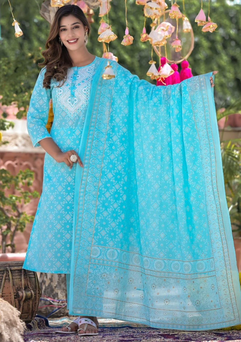 Vibrant Sky Blue Cotton Embroidered Suit Set